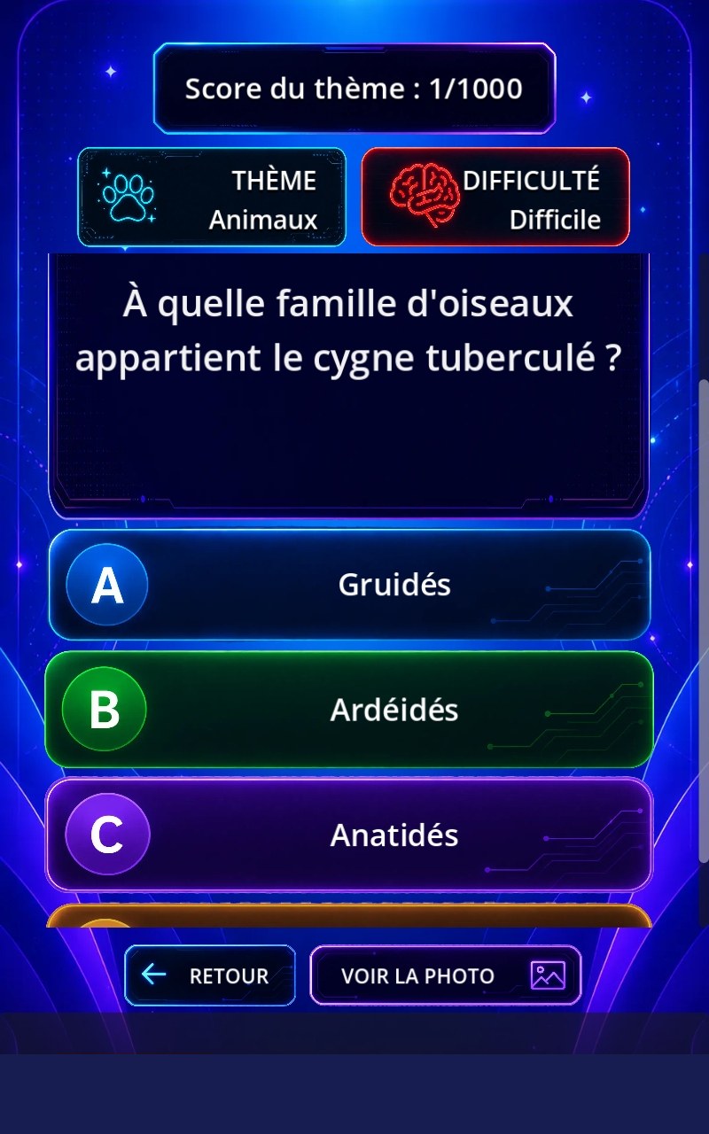 Écran de question de quiz avec plusieurs réponses